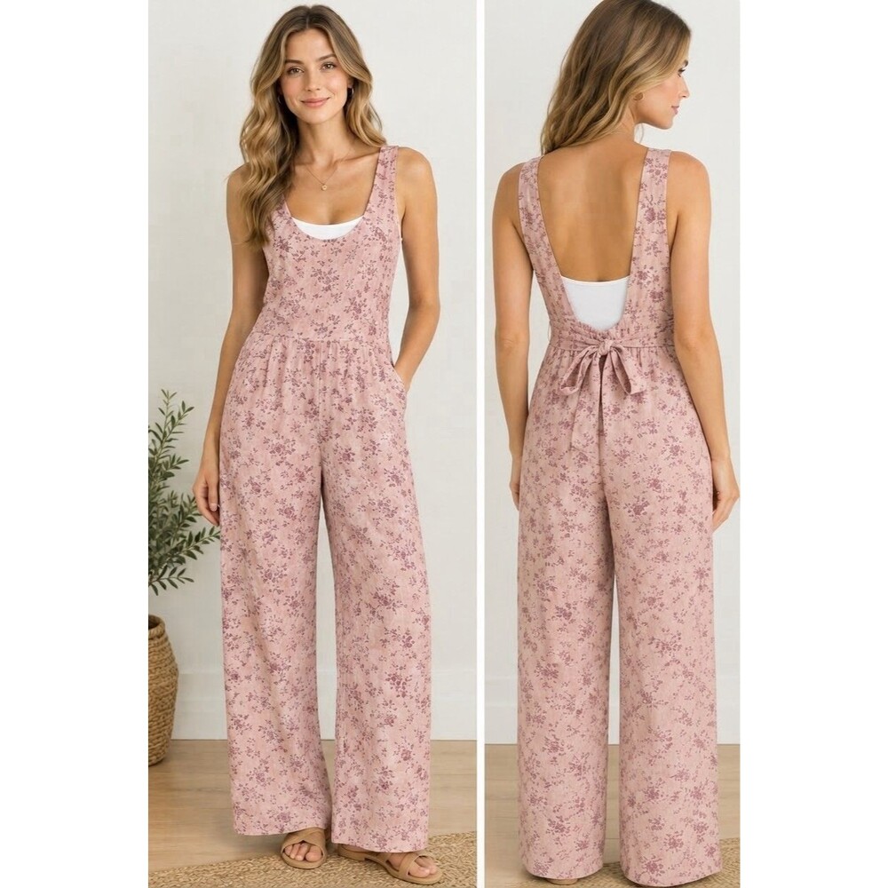 Storia Floral Tie Open Back Jumpsuit Size S Pink Wide Leg Cotton Boho Romantic